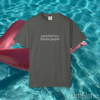 Gray tee that says "god forbid i'm a sensitive gangsta" inspired by amaya from love island usa.