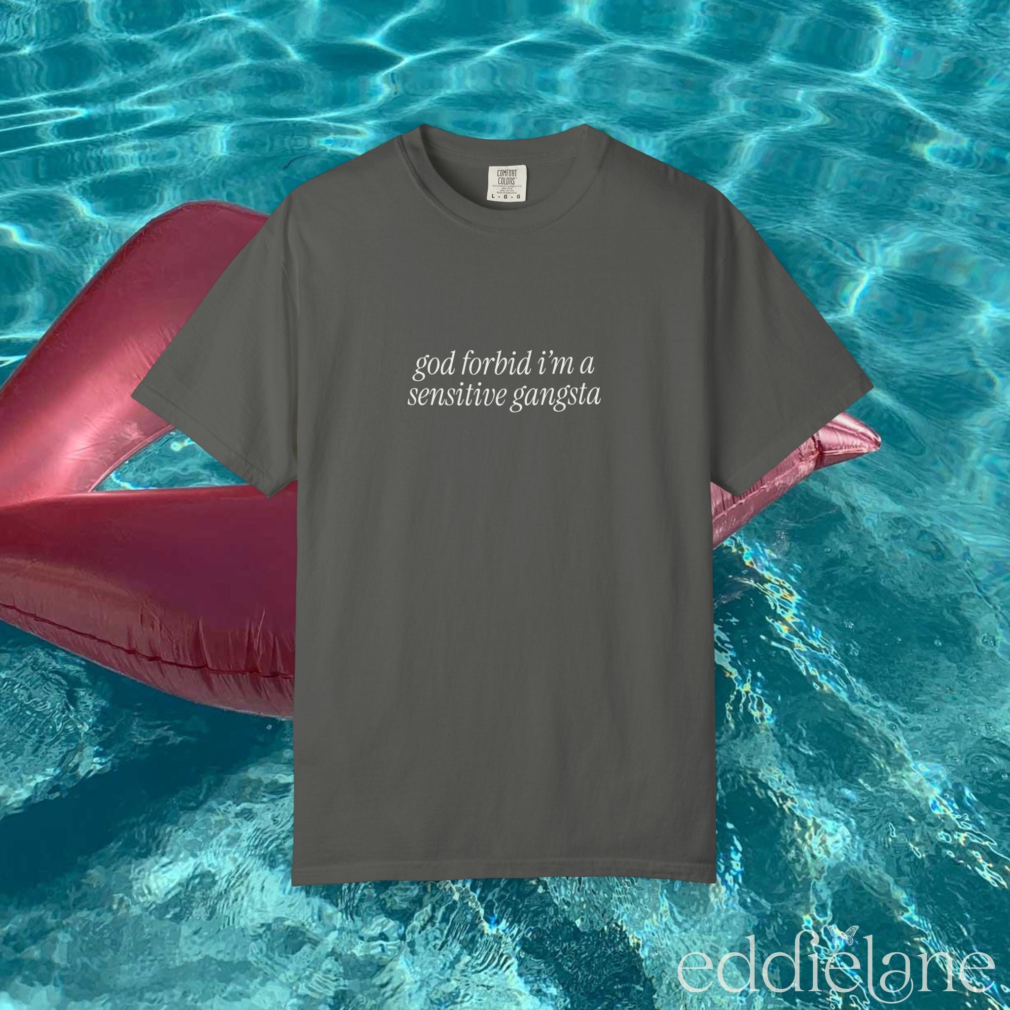 Gray tee that says "god forbid i'm a sensitive gangsta" inspired by amaya from love island usa.