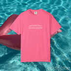 Pink tee that says "god forbid i'm a sensitive gangsta" inspired by amaya from love island usa.