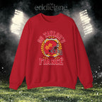 a red crewneck sweatshirt with a vintage football helmet design and text that says "go taylor's fiance"