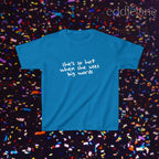 a blue baby tee that says "she's so hot when she uses big words"