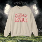 a sand crewneck sweatshirt that says "the greatest in the league"
