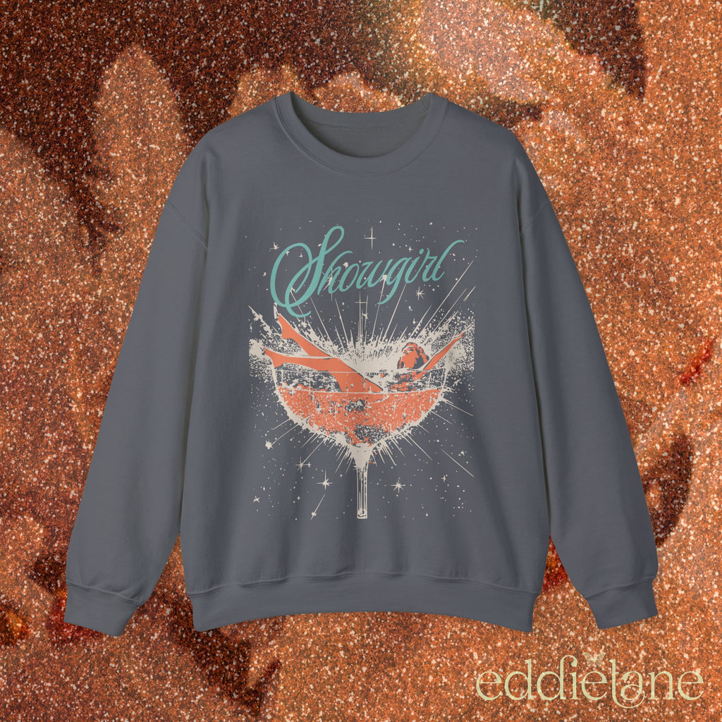 gray sweatshirt with a graphic design of a woman in a martini glass and the word "showgirl"