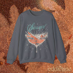gray sweatshirt with a graphic design of a woman in a martini glass and the word "showgirl"