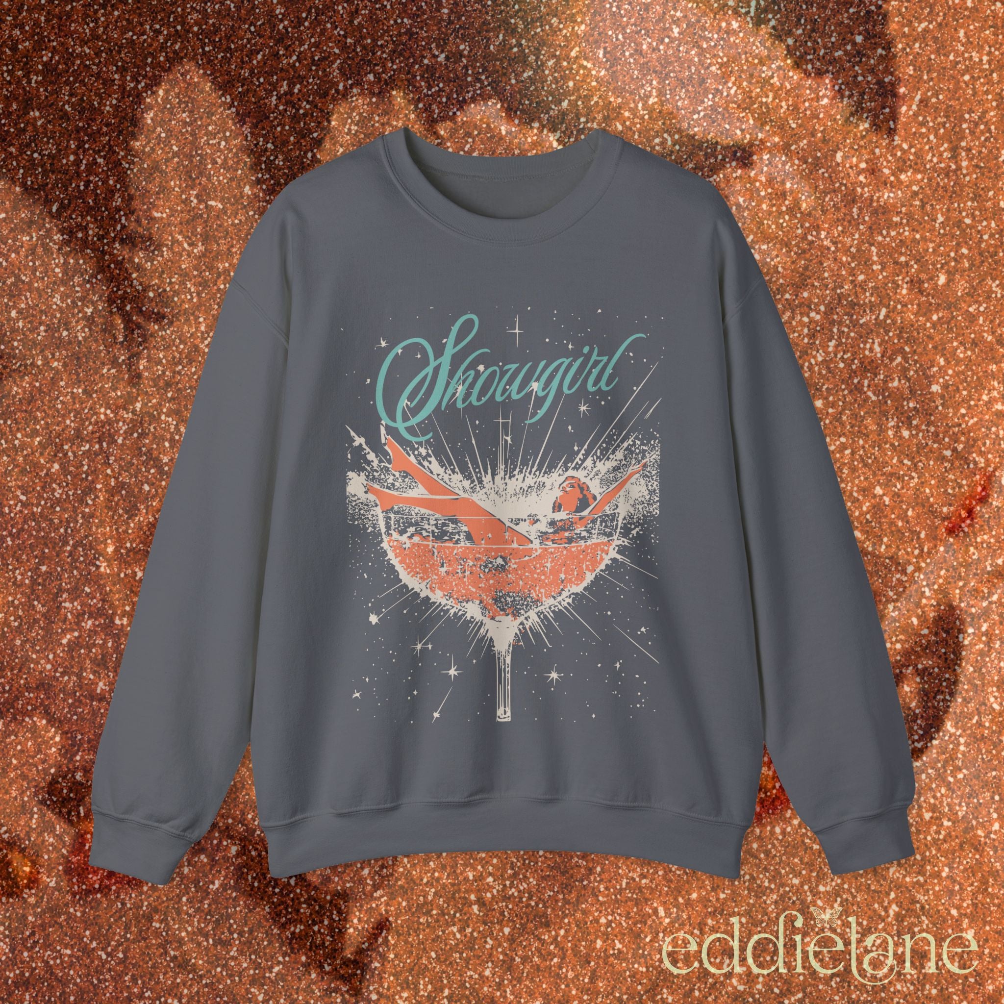 gray sweatshirt with a graphic design of a woman in a martini glass and the word "showgirl"