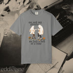 a gray halloween graphic tee with a vintage aesthetic, featuring a graphic of two ghosts and the words "me and my ghosts we had a hell of a time"