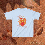 a blue baby tee with a graphic of a heart on fire and the words "and, baby, that's show business for you"