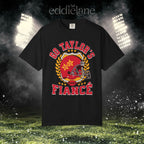 a black t-shirt with a vintage football helmet design and text that says "go taylor's fiance"