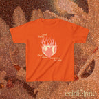 an orange baby tee with a graphic of a heart on fire and the words "and, baby, that's show business for you"