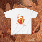 a white baby tee with a graphic of a heart on fire and the words "and, baby, that's show business for you"