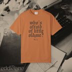an orange comfort colors t-shirt that says "who's afraid of little old me" with a graphic of a cat wearing a ghost costume