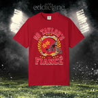 a red t-shirt with a vintage football helmet design and text that says "go taylor's fiance"