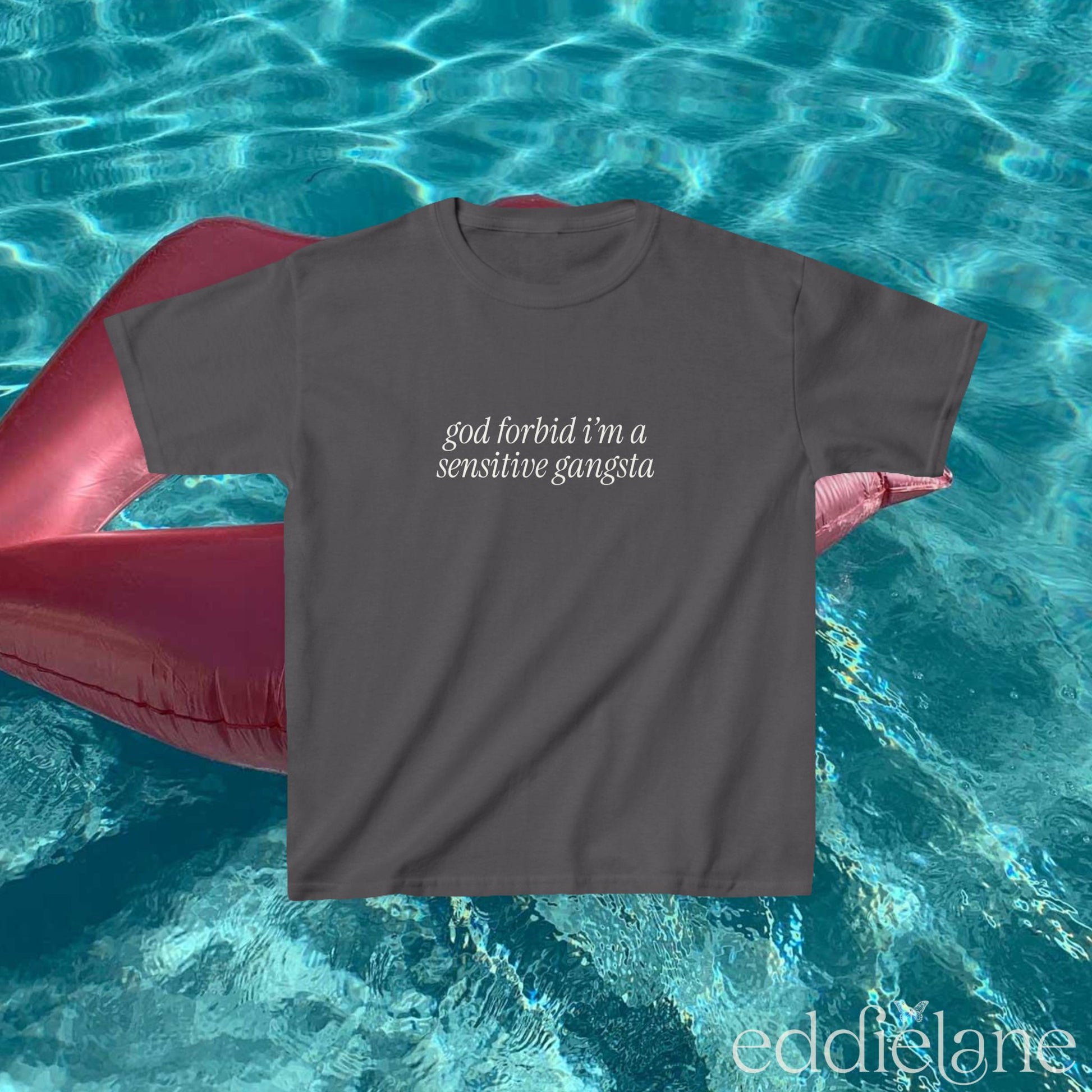 Gray baby tee that says "god forbid i'm a sensitive gangsta" inspired by amaya from love island usa.