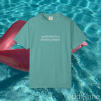 Green tee that says "god forbid i'm a sensitive gangsta" inspired by amaya from love island usa.