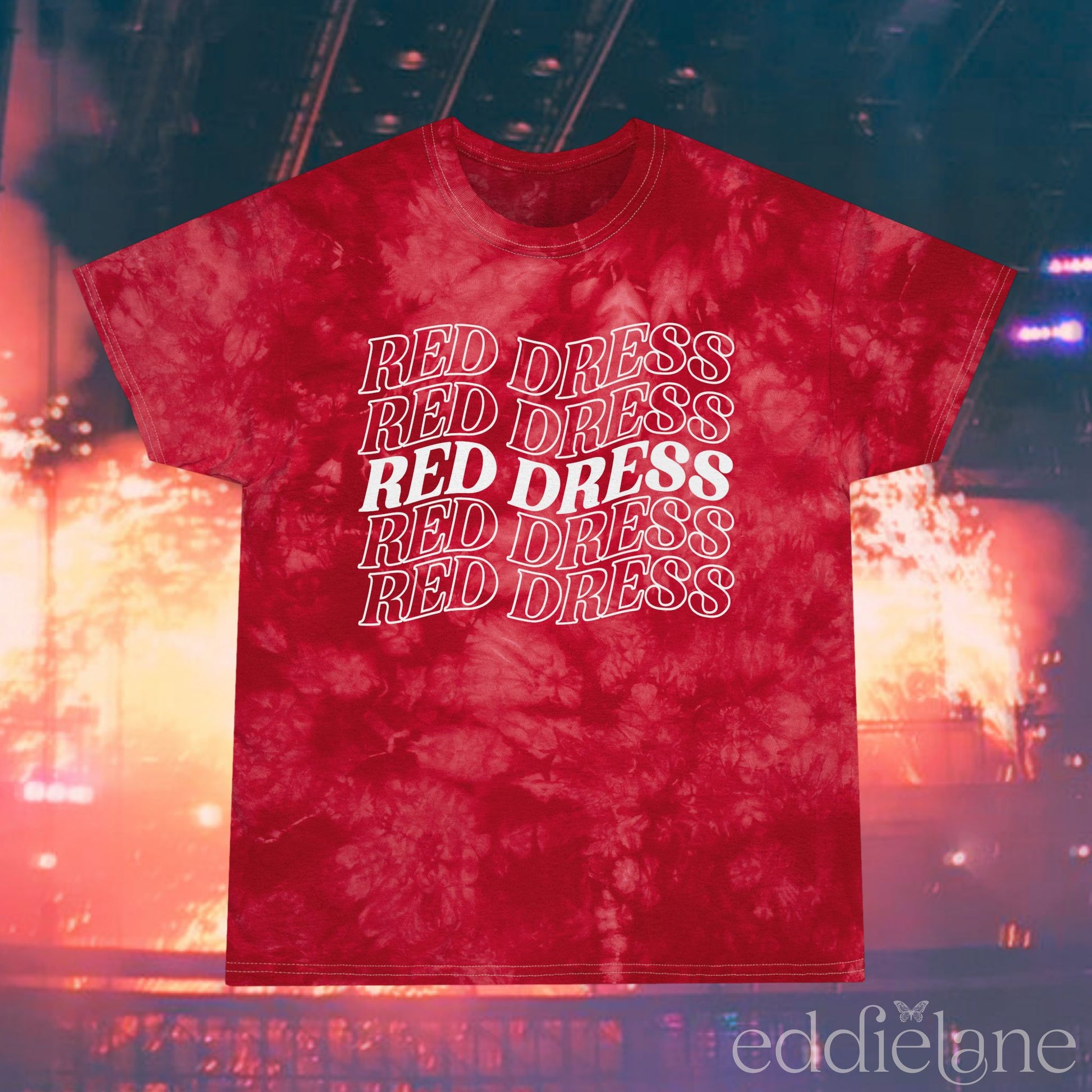 a red tie-dye shirt that says "red dress" in curvy lettering inspired by "burnin' up" by the jonas brothers.