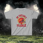 a sport gray baby tee with a vintage football helmet design and text that says "go taylor's fiance"