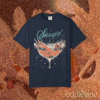 a navy t-shirt featuring a graphic of a woman in a champagne glass surrounded by sparkles