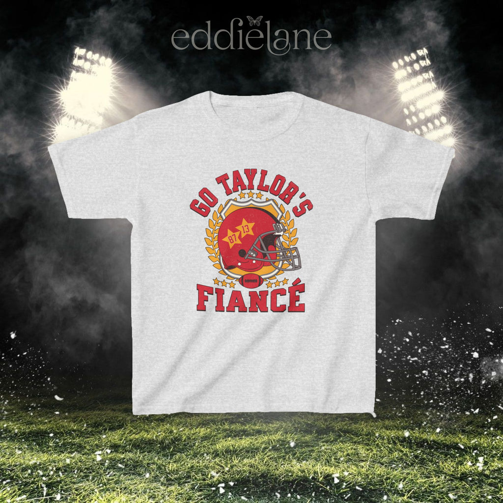 an ash gray baby tee with a vintage football helmet design and text that says "go taylor's fiance"