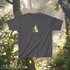 A dark gray baby tee with a graphic of a key-lime green dog wearing a crown and the words "i had a marvelous time ruining everything". 