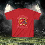 a red baby tee with a vintage football helmet design and text that says "go taylor's fiance"