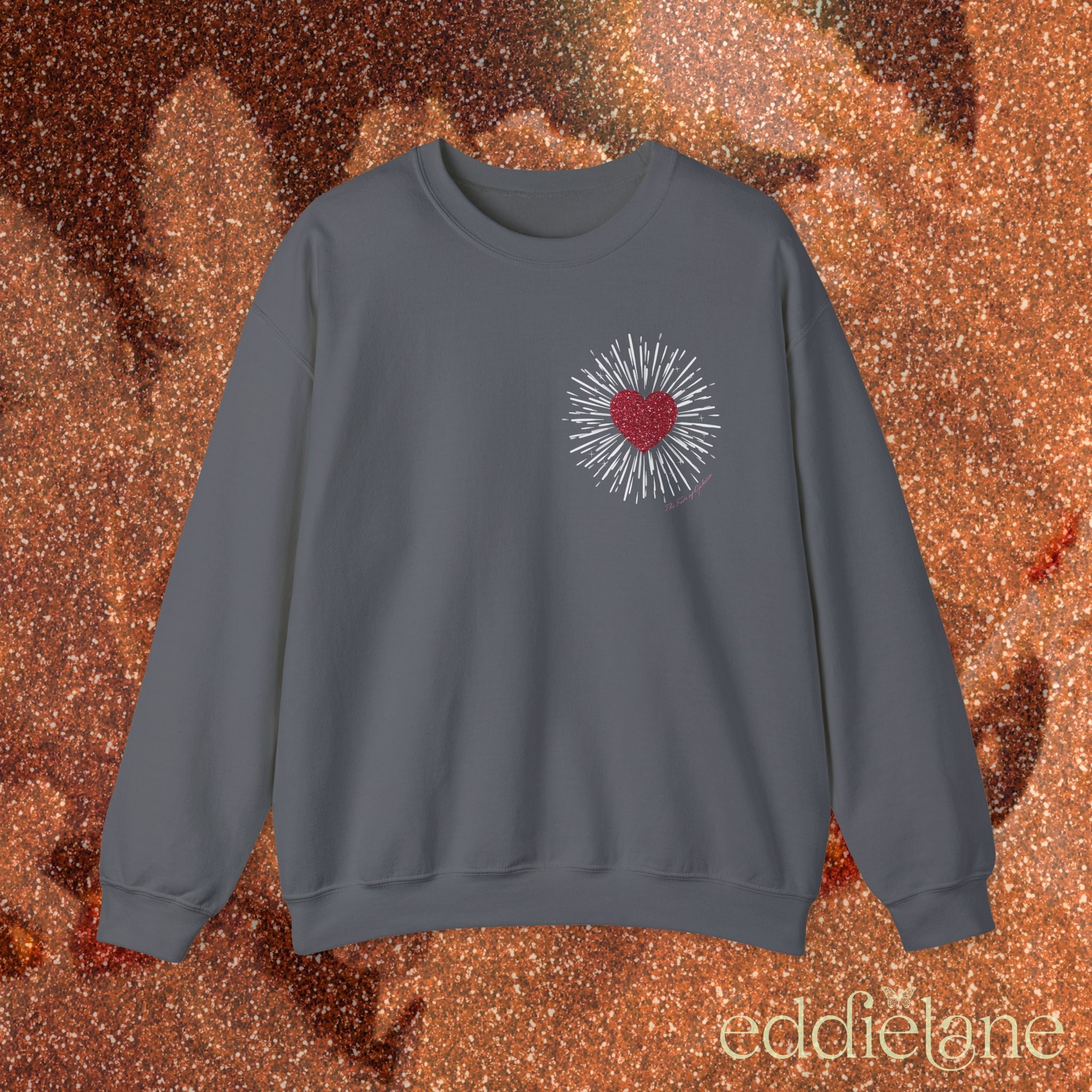 a gray sweatshirt with a red heart design inspired by the fate of ophelia