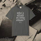 a gray comfort colors t-shirt that says "who's afraid of little old me" with a graphic of a cat wearing a ghost costume