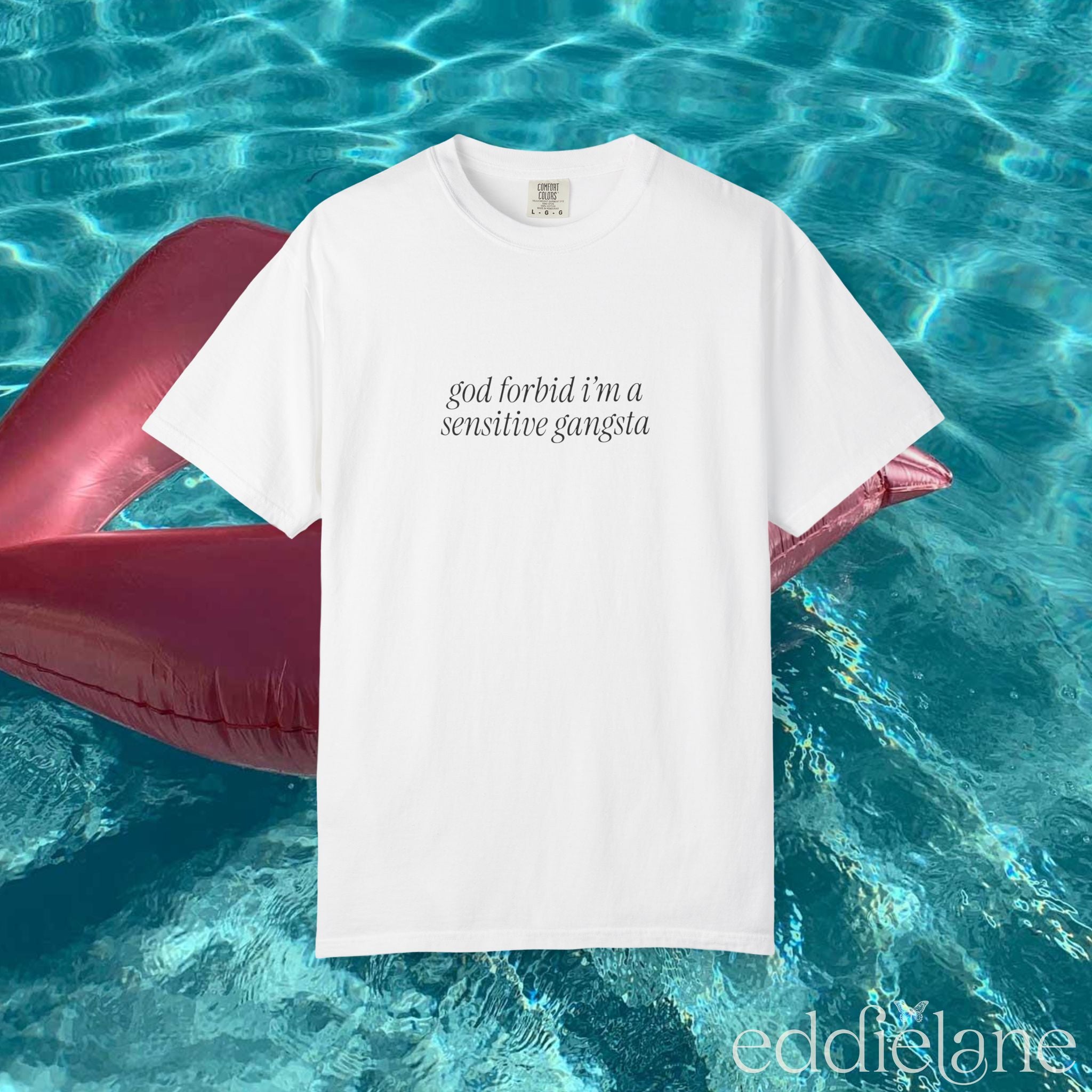 White tee that says "god forbid i'm a sensitive gangsta" inspired by amaya from love island usa.