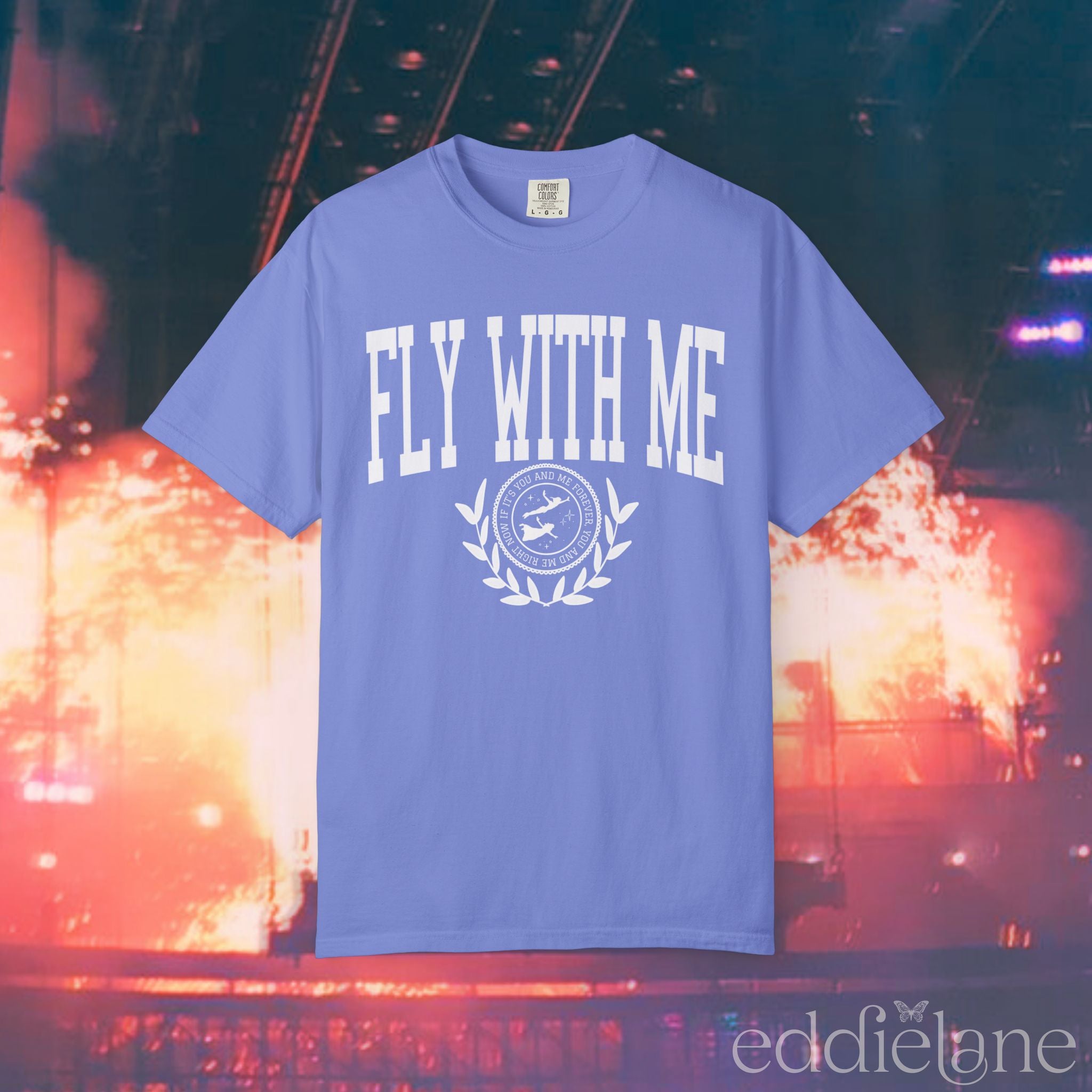 Blue collegiate t-shirt with the words 'FLY WITH ME' 

