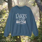 blue sweatshirt with 'The Lakes Society' design and a silhouette of a lake surrounded by mountains,
blue the lakes sweatshirt 