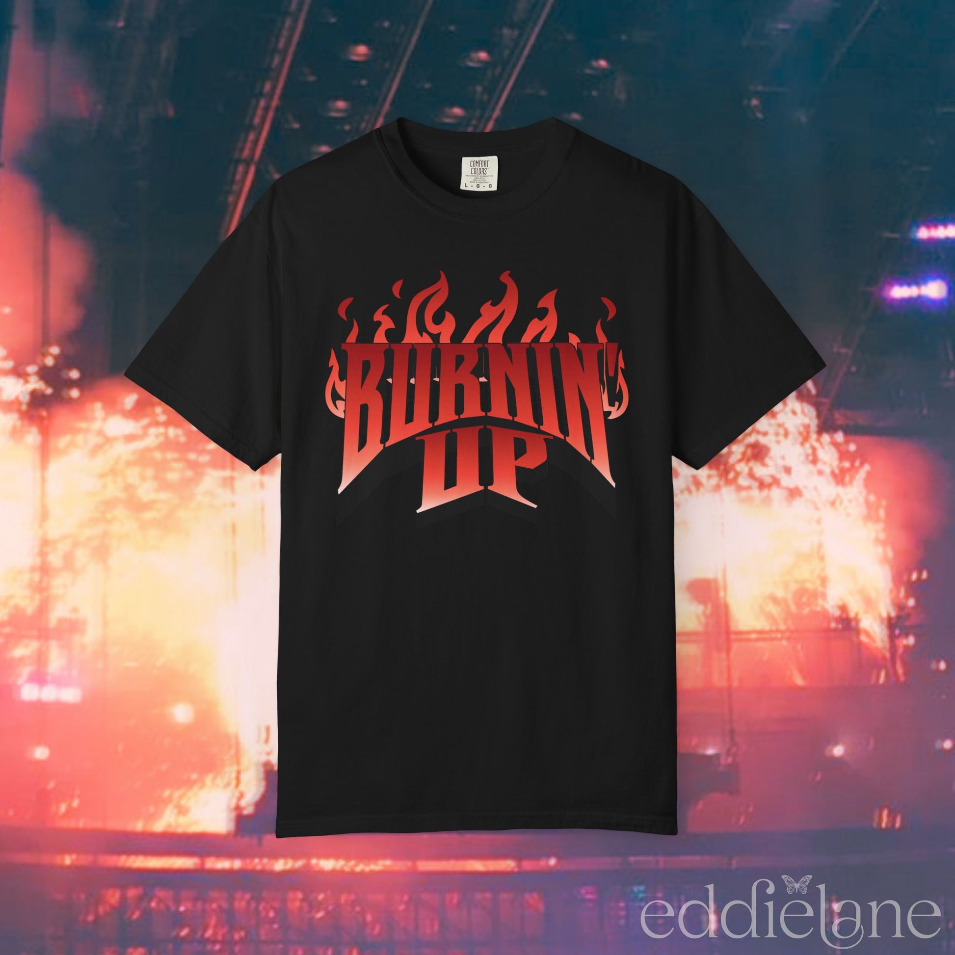 a black t-shirt with red and white graphic design that says "BURNIN' UP" in front of flames inspired by the Jonas Brothers.