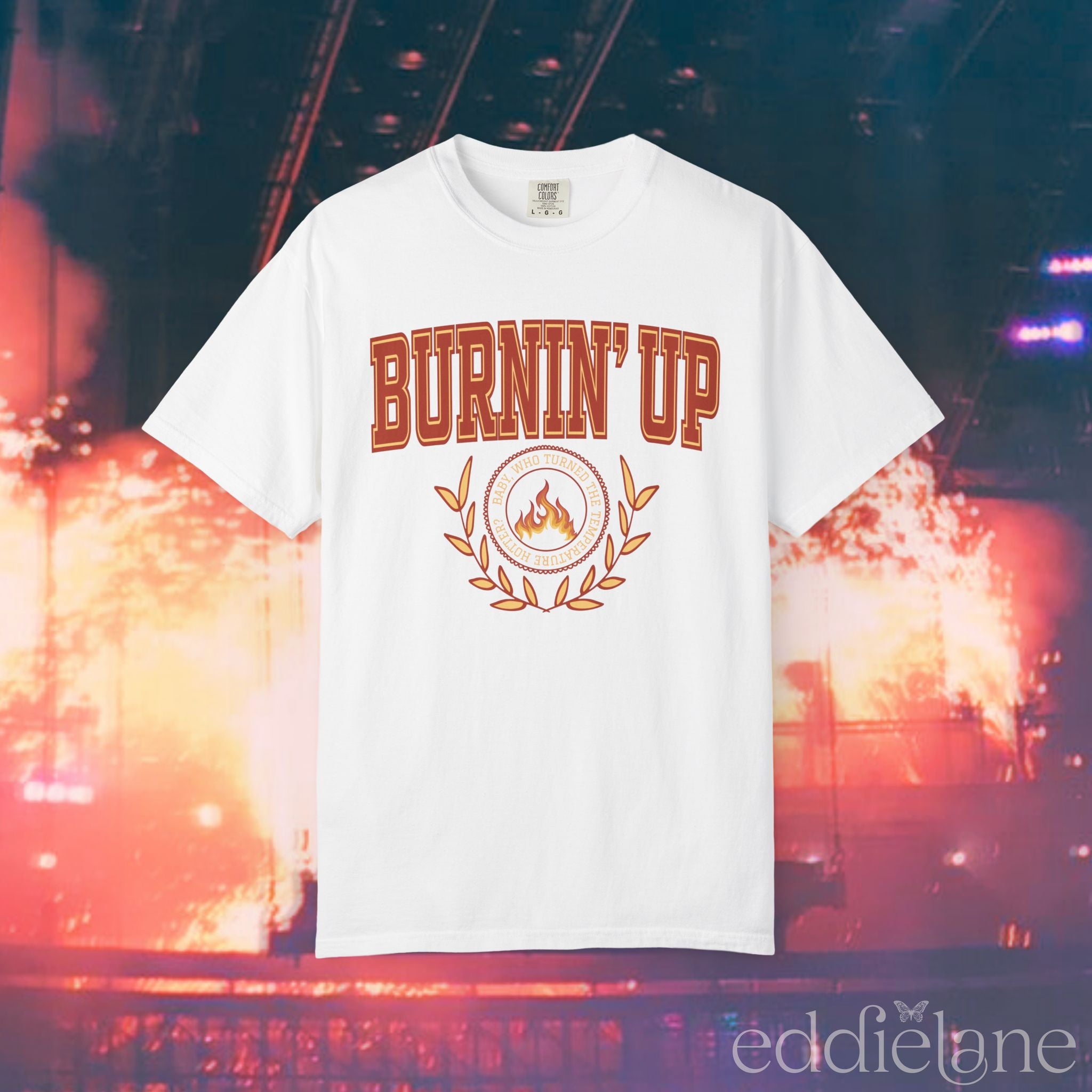 White collegiate-style t-shirt that says "burnin up" 