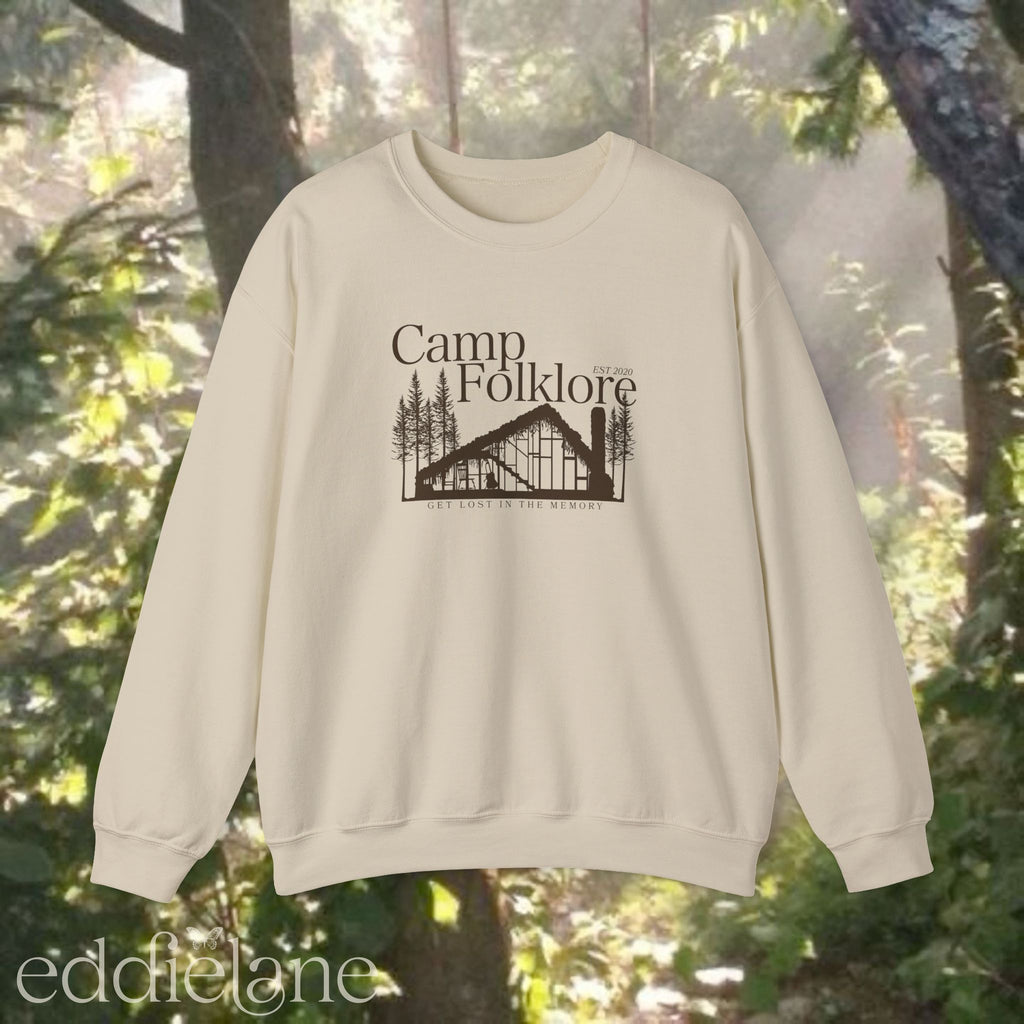 Sand sweatshirt with 'Camp Folklore' design featuring the Folklore cabin inspired by Taylor Swift's Folklore album.
camp folklore sweatshirt sand