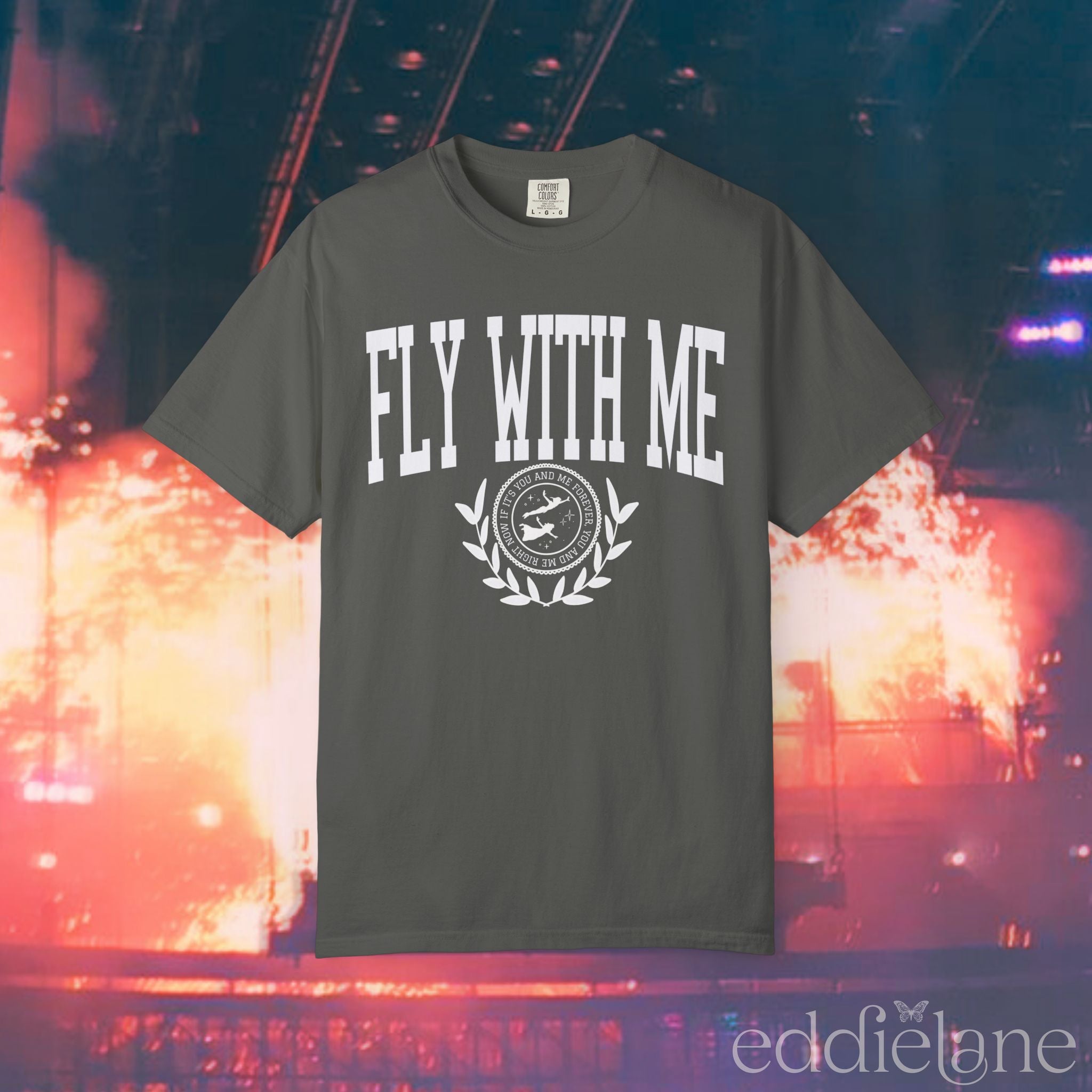 Gray collegiate t-shirt with the words 'FLY WITH ME' 

