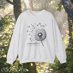 Gray sweatshirt with dandelion graphic and text that says "do you remember" 