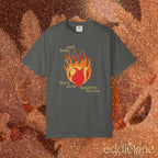a gray t-shirt with a heart in flames graphic and the words "and, baby, that's show business for you" 
heart on fire pepper