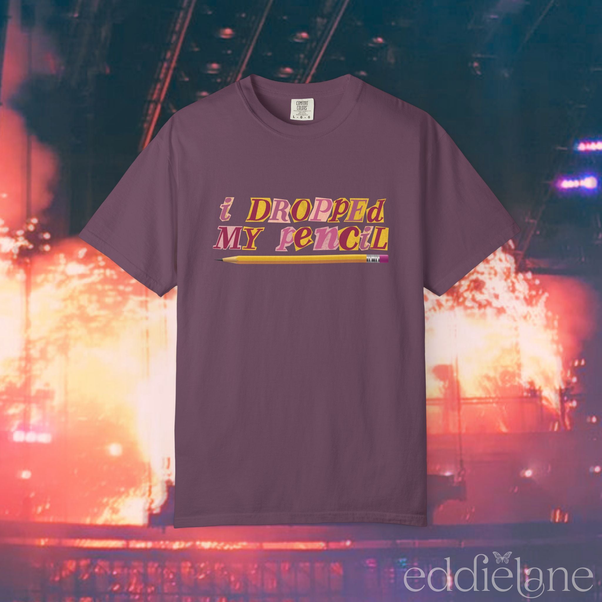 A berry t-shirt that says "i dropped my pencil" 
i dropped my pencil t-shirt berry