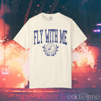 Ivory collegiate t-shirt with the words 'FLY WITH ME' 