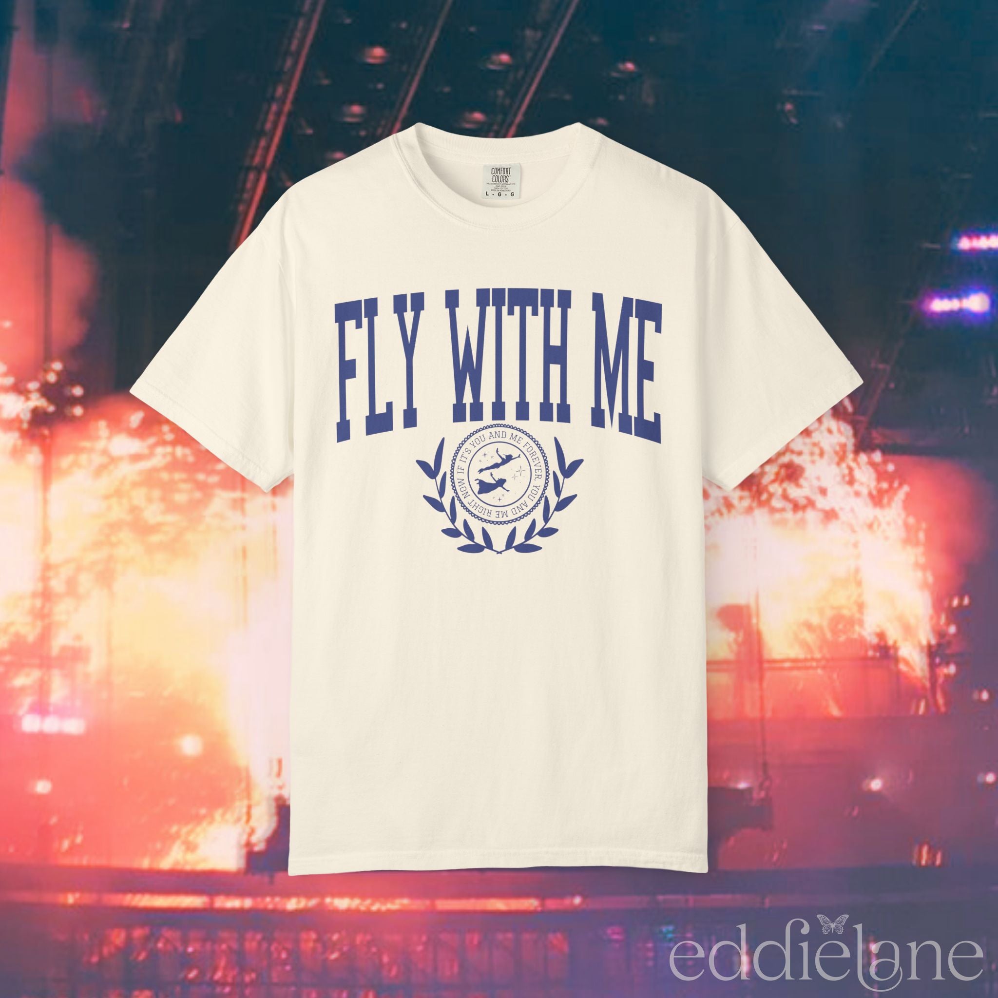 Ivory collegiate t-shirt with the words 'FLY WITH ME' 
