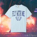 Light blue collegiate t-shirt with the words 'FLY WITH ME' 
