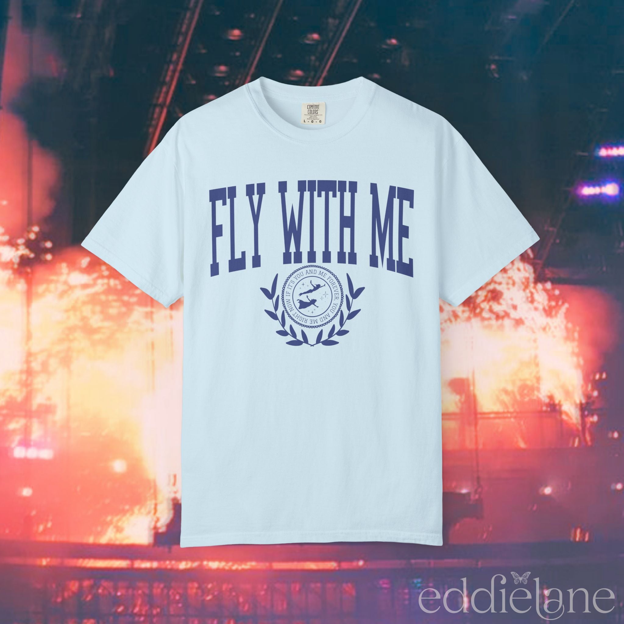 Light blue collegiate t-shirt with the words 'FLY WITH ME' 
