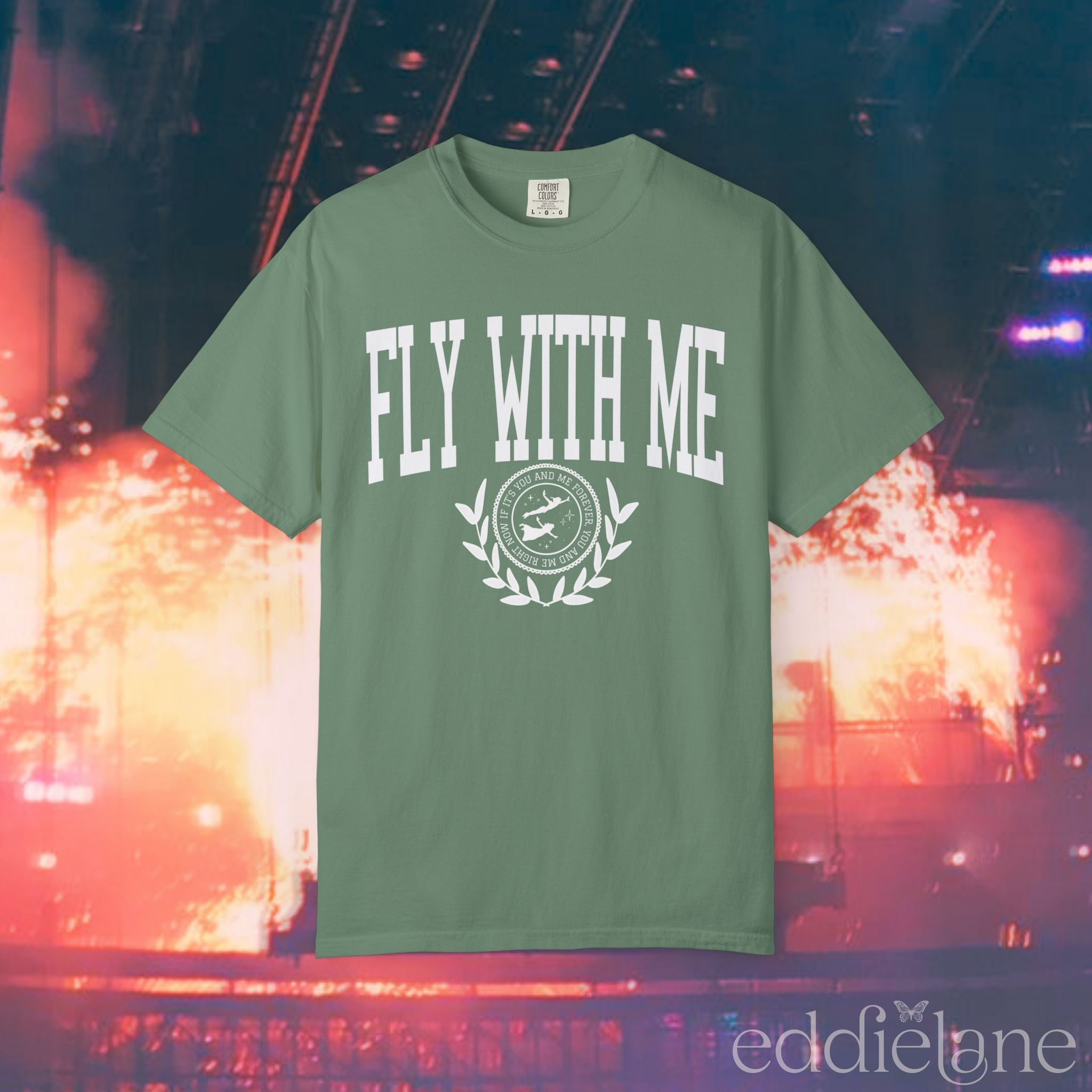 Light green collegiate t-shirt with the words 'FLY WITH ME' 
