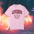 A light pink collegiate style t-shirt with red text that says "Lovebug"
