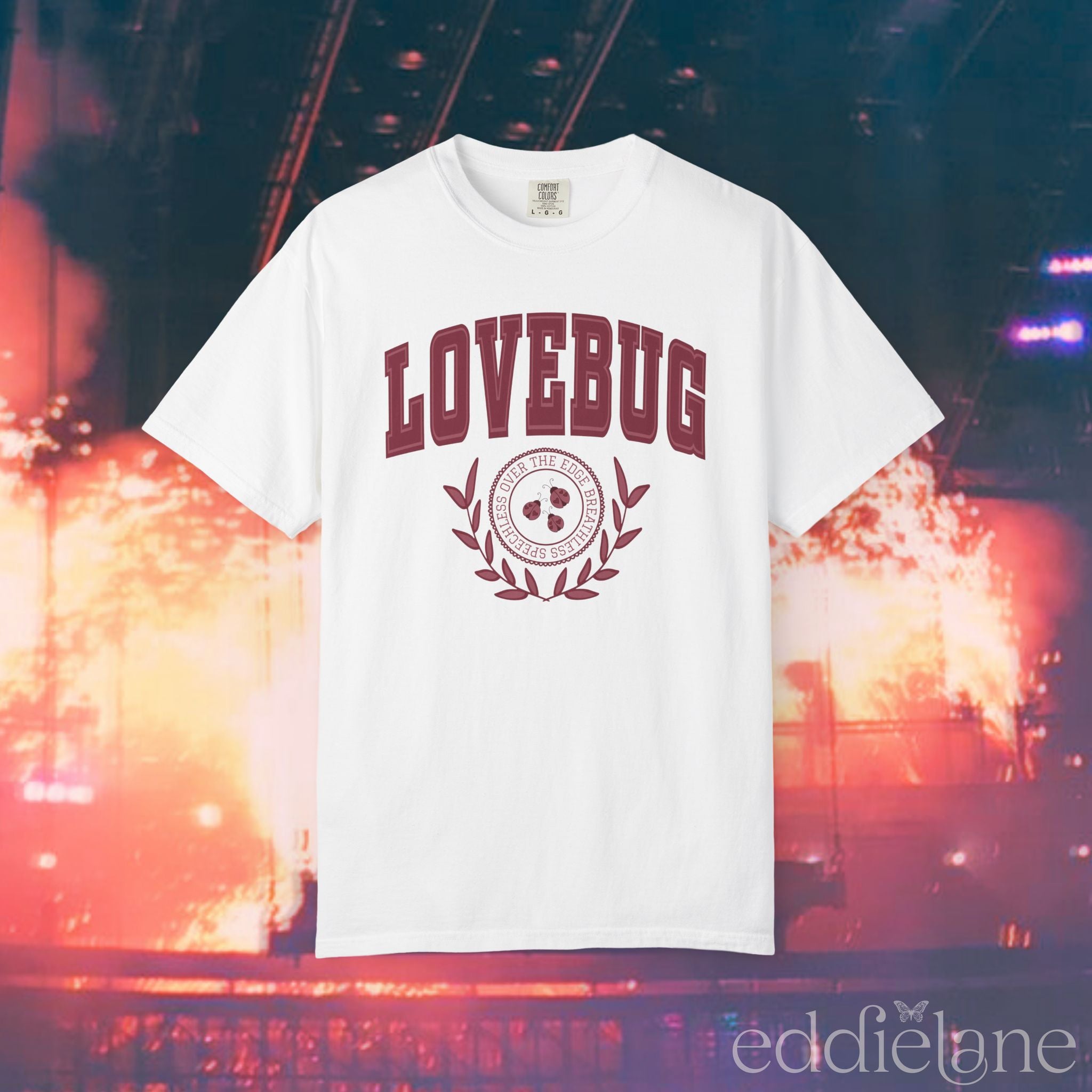 A white collegiate style t-shirt with red text that says "Lovebug" 