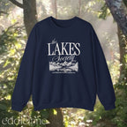 navy sweatshirt with 'The Lakes Society' design and a silhouette of a lake surrounded by mountains, 
navy the lakes sweatshirt 