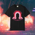 Black graphic t-shirt with a rainbow design and text that says "ooh wee I love the jonas brothers" inspired by the hannah montana episode.

