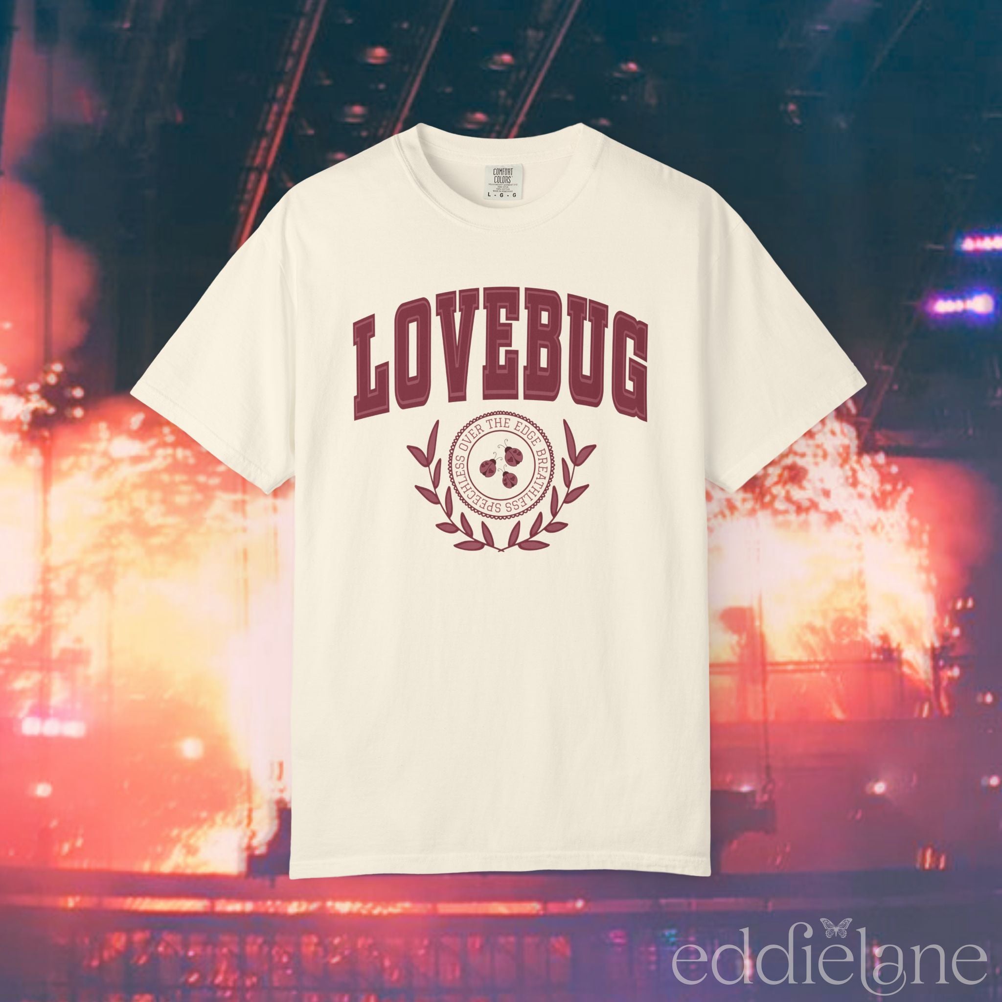 An ivory collegiate style t-shirt with red text that says "Lovebug"