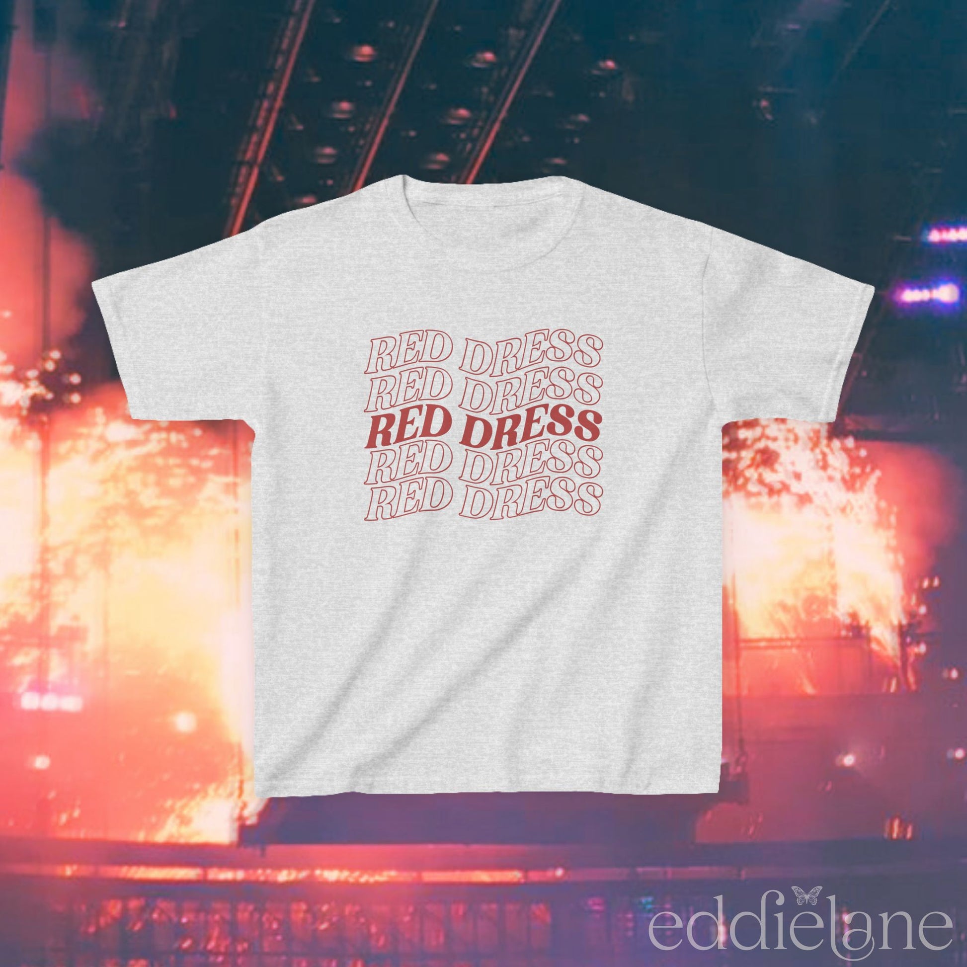 a light gray baby tee with "red dress" written in a curvy design inspired by the jonas brothers song burnin up.

red dress jobros light gray baby tee