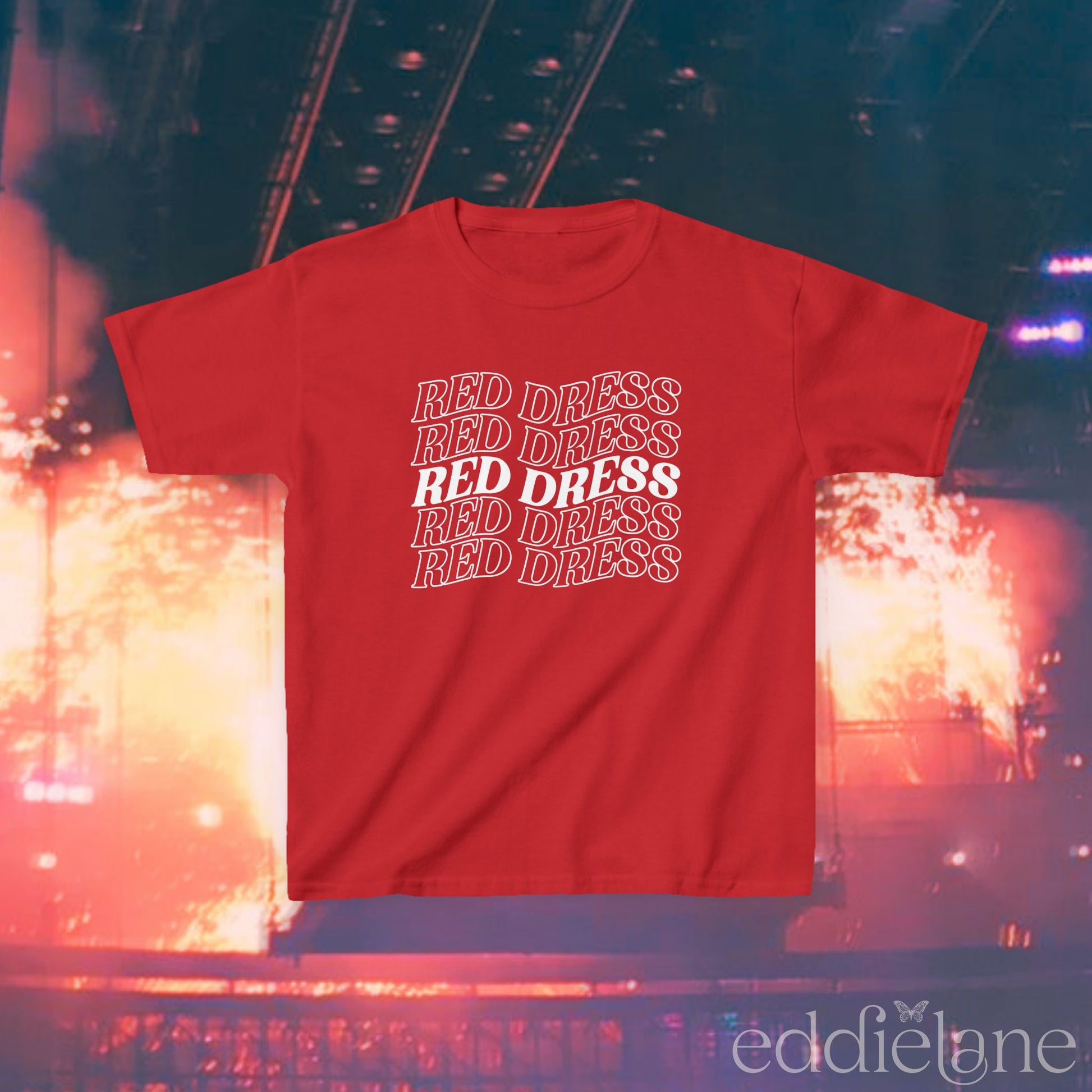a red baby tee with "red dress" written in a curvy design inspired by the jonas brothers song burnin up.

red dress jobros red baby tee