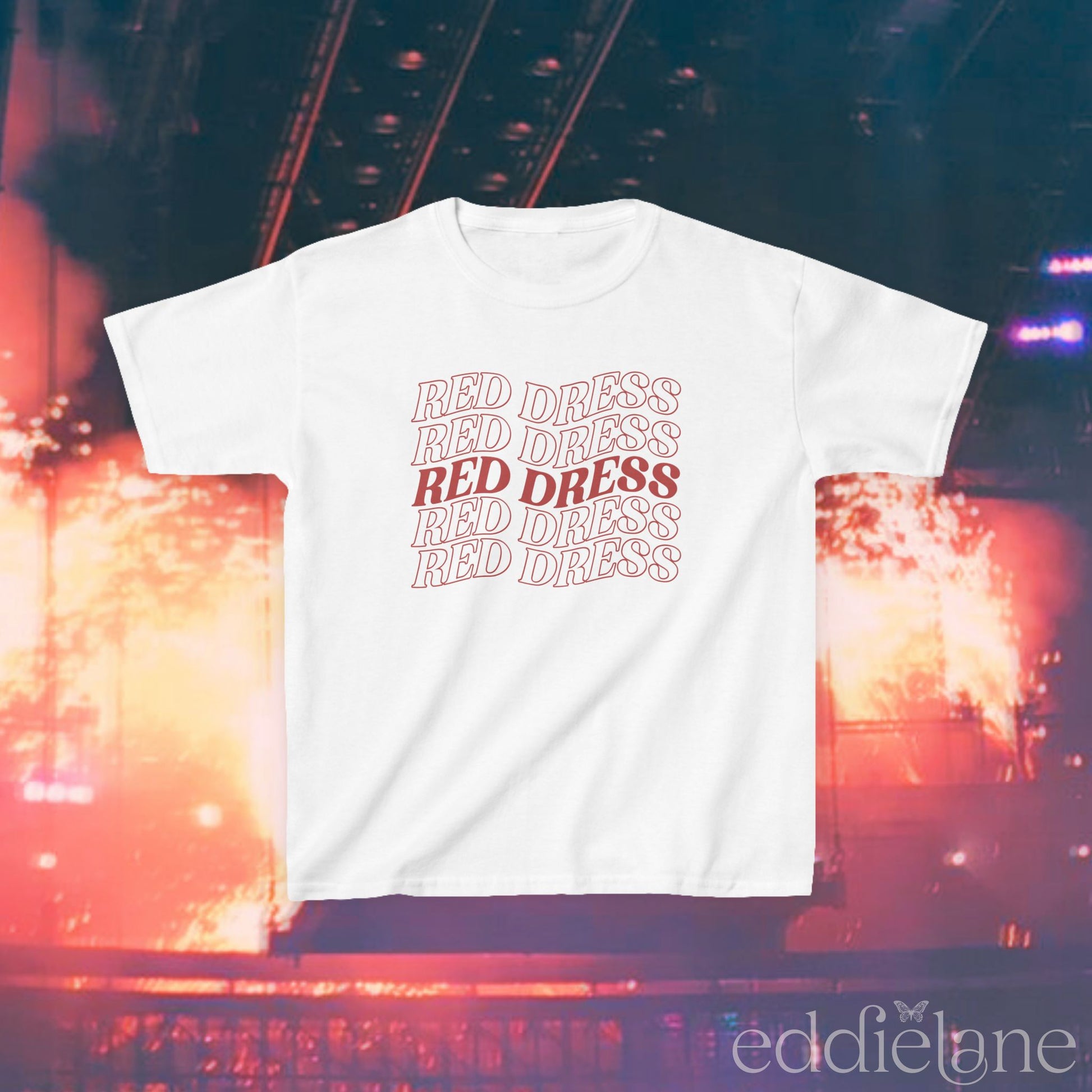 a white baby tee with "red dress" written in a curvy design inspired by the jonas brothers song burnin up.

red dress jobros white baby tee