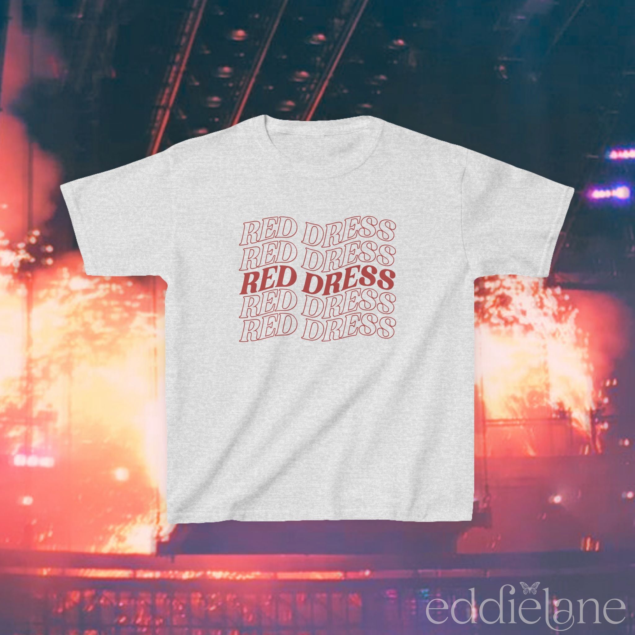 a light gray baby tee with "red dress" written in a curvy design

red dress light gray baby tee